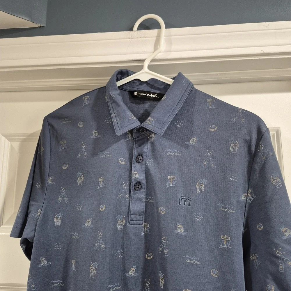 Travis Mathew Polo Shirt Mens Medium Slate Blue Golf Beer Beach Party‎ Pima Logo